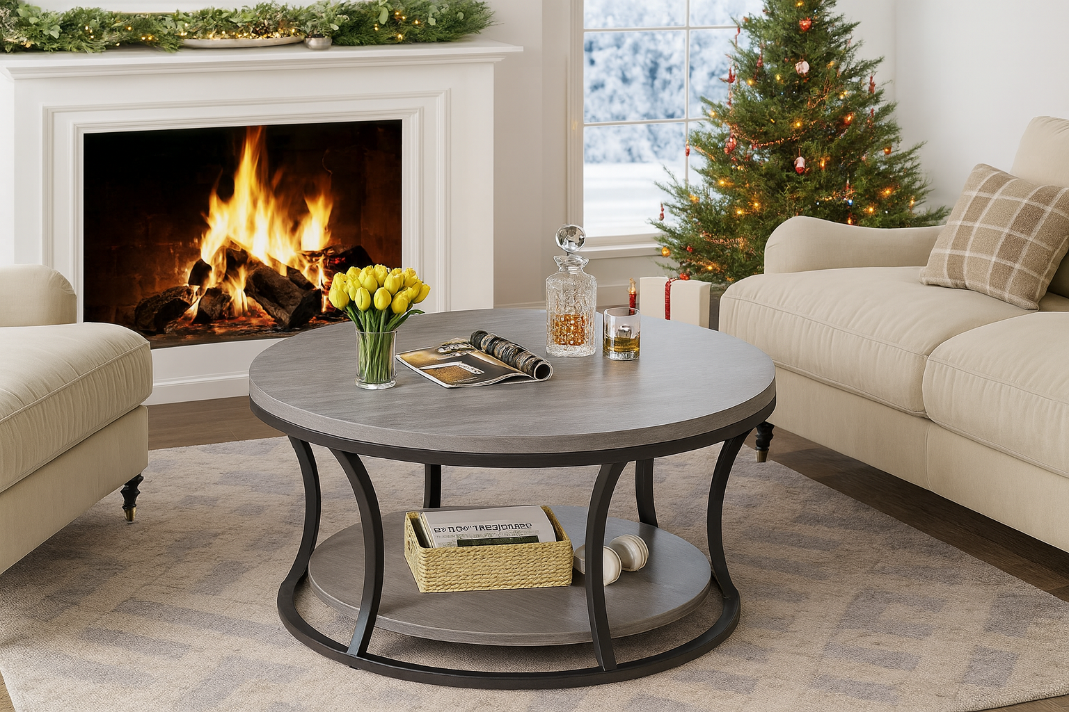Sleek Round Coffee Table with Curved Steel Frame